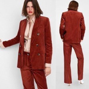 Zara Corduroy Trendy Double Breasted Rust Structured Blazer